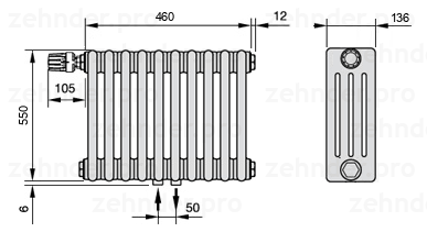 Схема (чертеж) Радиатор Zehnder Charleston 4055/10 №V007 Белый глянцевый RAL 9016